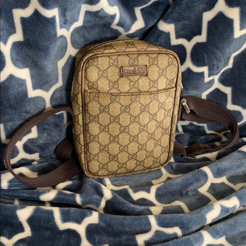Gucci Brown Tan Coated Canvas Monogram Adjustable Woven Strap Crossbody Bag